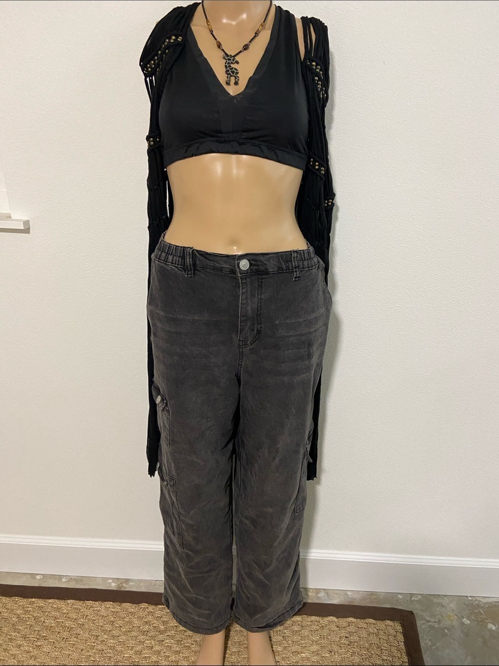 Madden Girl Washed Charcoal Wide-Leg Cargo baggy Pants sz L
